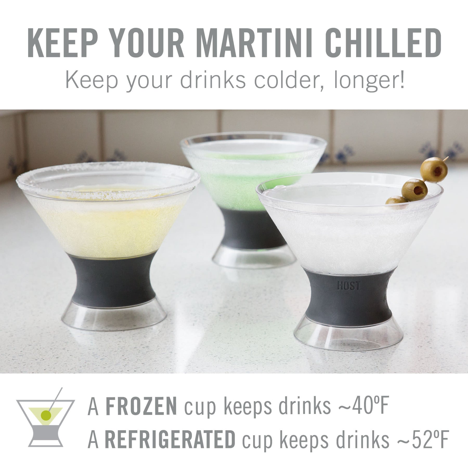 COMFORT-GRIP SILICONE BAND FOR EASY SIPPING - The BPA-free plastic construction creates a sturdy martini glass that works everywhere. An insulated silicone band on the base makes for comfortable handling, perfect for the outdoors! Hand wash only.
